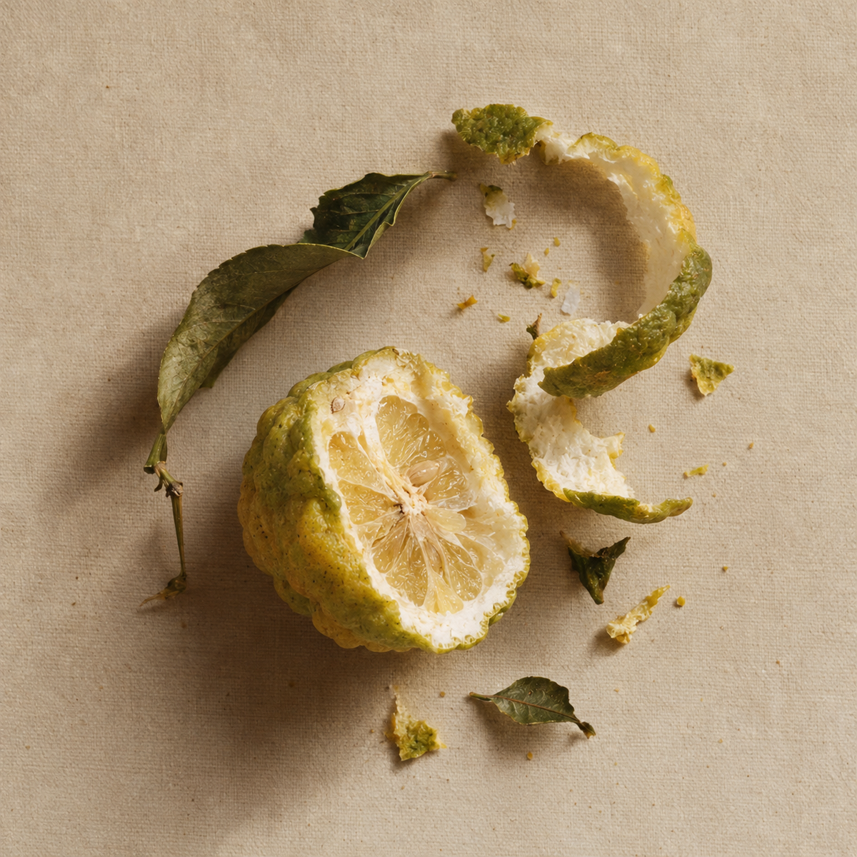 Aceite esencial de Bergamota Fenghi entre dos bergamotas y sus hojas