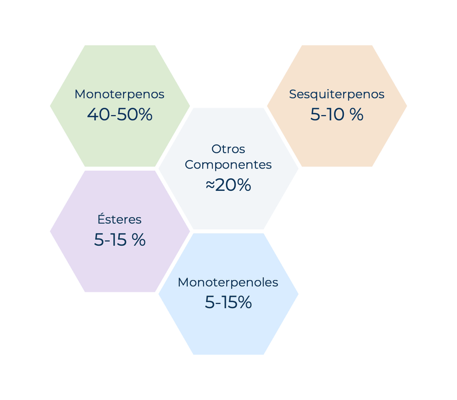 Composición química del aceite esencial de Jara: Monoterpenos 40-50%, Otros Componentes ≈20%, Ésteres 5-15 %, Monoterpenoles 5-15%, Sesquiterpenos 5-10 %