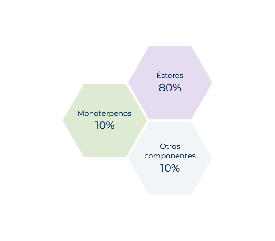 Composición química del aceite esencial de Manzanilla Romana: Ésteres 80%, Monoterpenos 10%, Otros componentes 10%