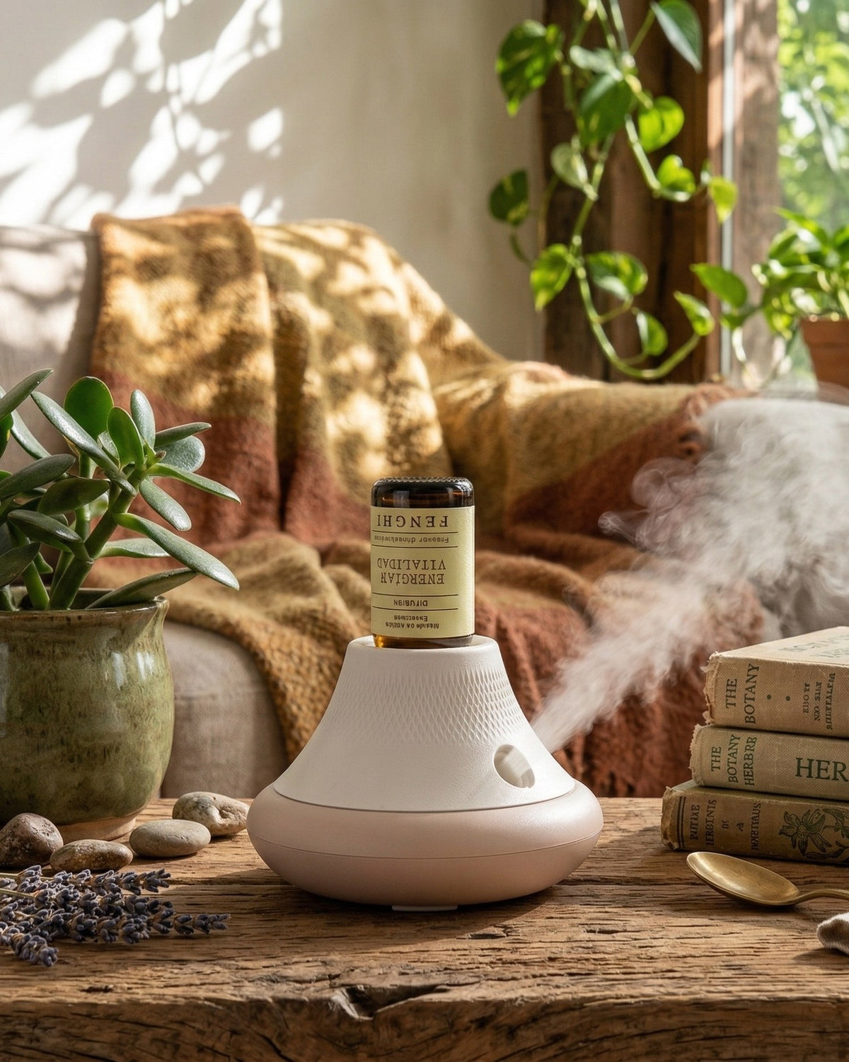 Difusor Etnalia con un frasco de mezcla en una mesa de madera, junto a plantas y libros, con luz natural