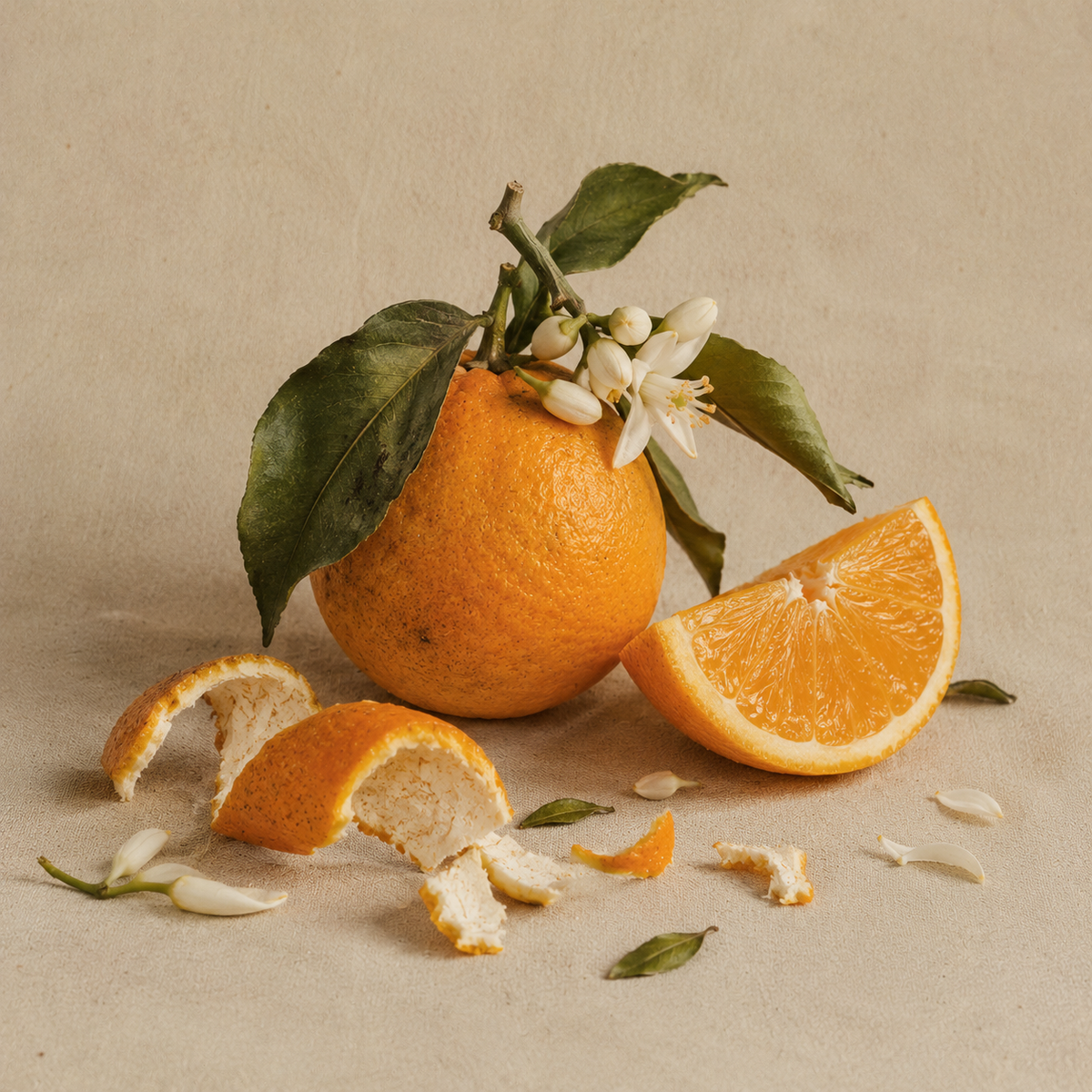 Aceite esencial de Naranja Dulce Fenghi junto a una naranja, hojas y una flor de azahar